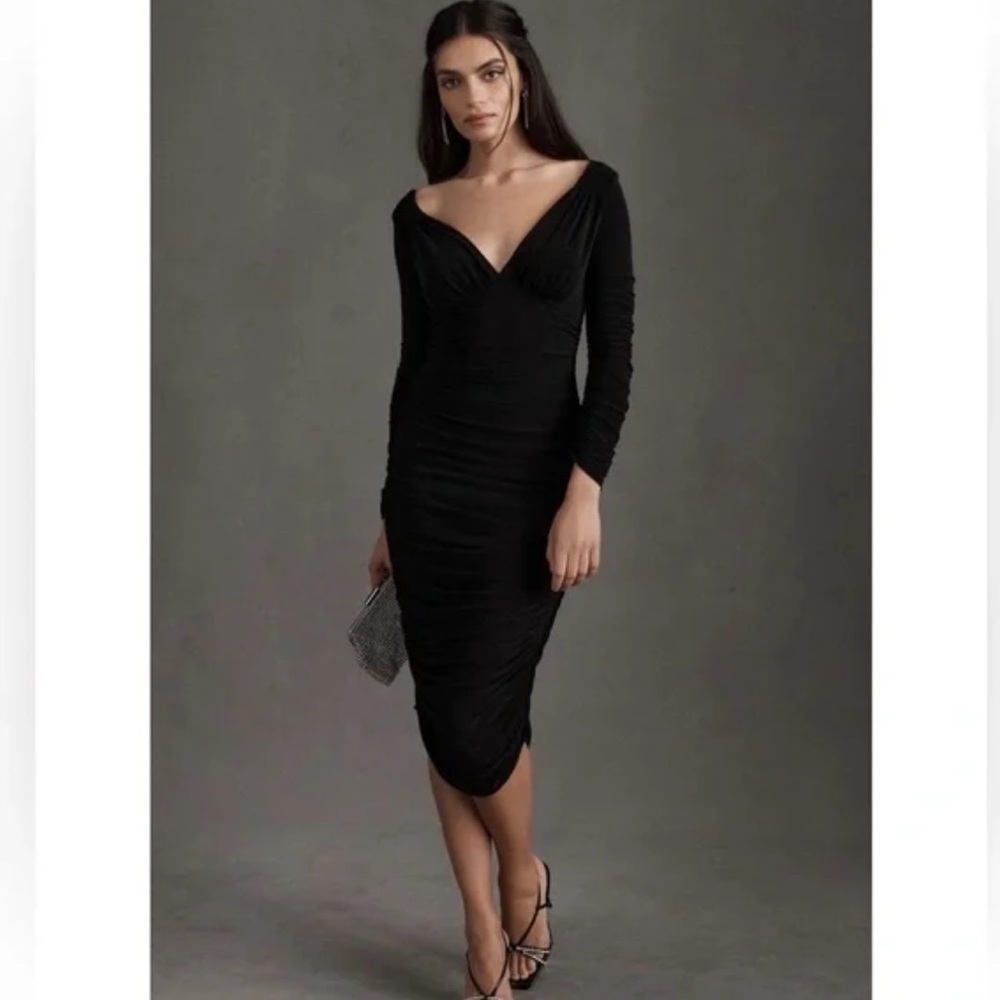 Norma Kamali Tara Deep V Babydoll Ruched Midi Dress Womens Sz S Black NEW